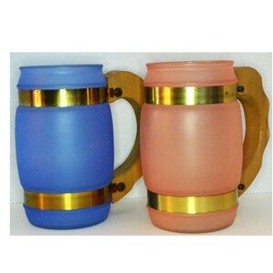 Set Of 2 Siesta Ware Barrel Frosted Glass Mugs Wood Handle Vintage Drinkware
